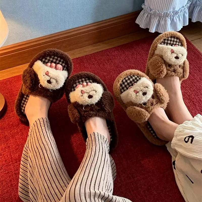 Brown cute cartoon open toe dog plush slippers eva sole indoor shoes