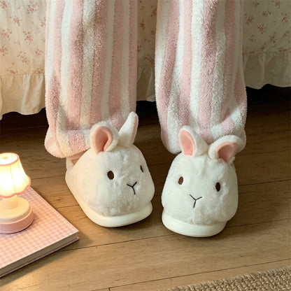 Winter white cute long ear fluffy bunny slippers aesthetic warm plush house shoes