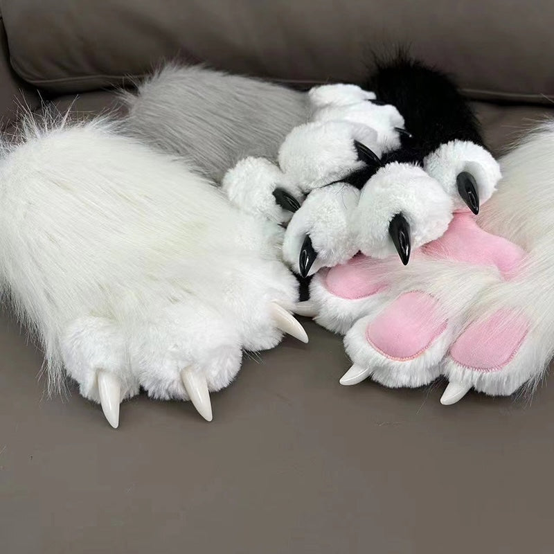 Long white furry cosplay gloves featuring three light blue oval paw pads and curved 3D ivory claw tips, soft fabric lined plush mitts