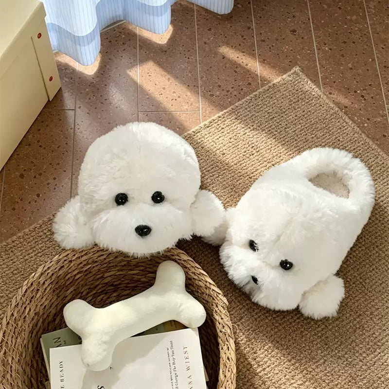 Winter cute white teddy dog slippers aesthetic warm plush house shoes