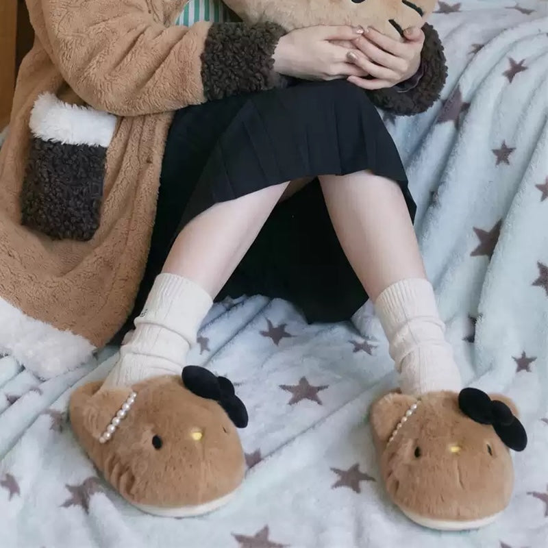 winter brown pearl bow cute hello kt cat slippers aesthetic warm plush house shoes
