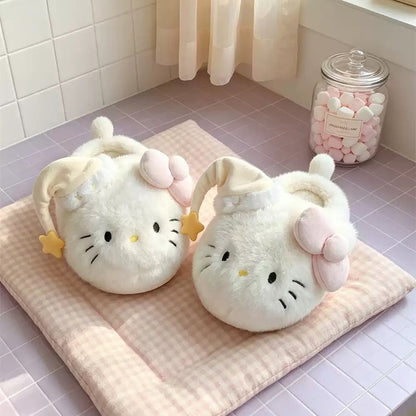 Beige winter cute sleeping hat hello kt cat slippers aesthetic warm plush house shoes