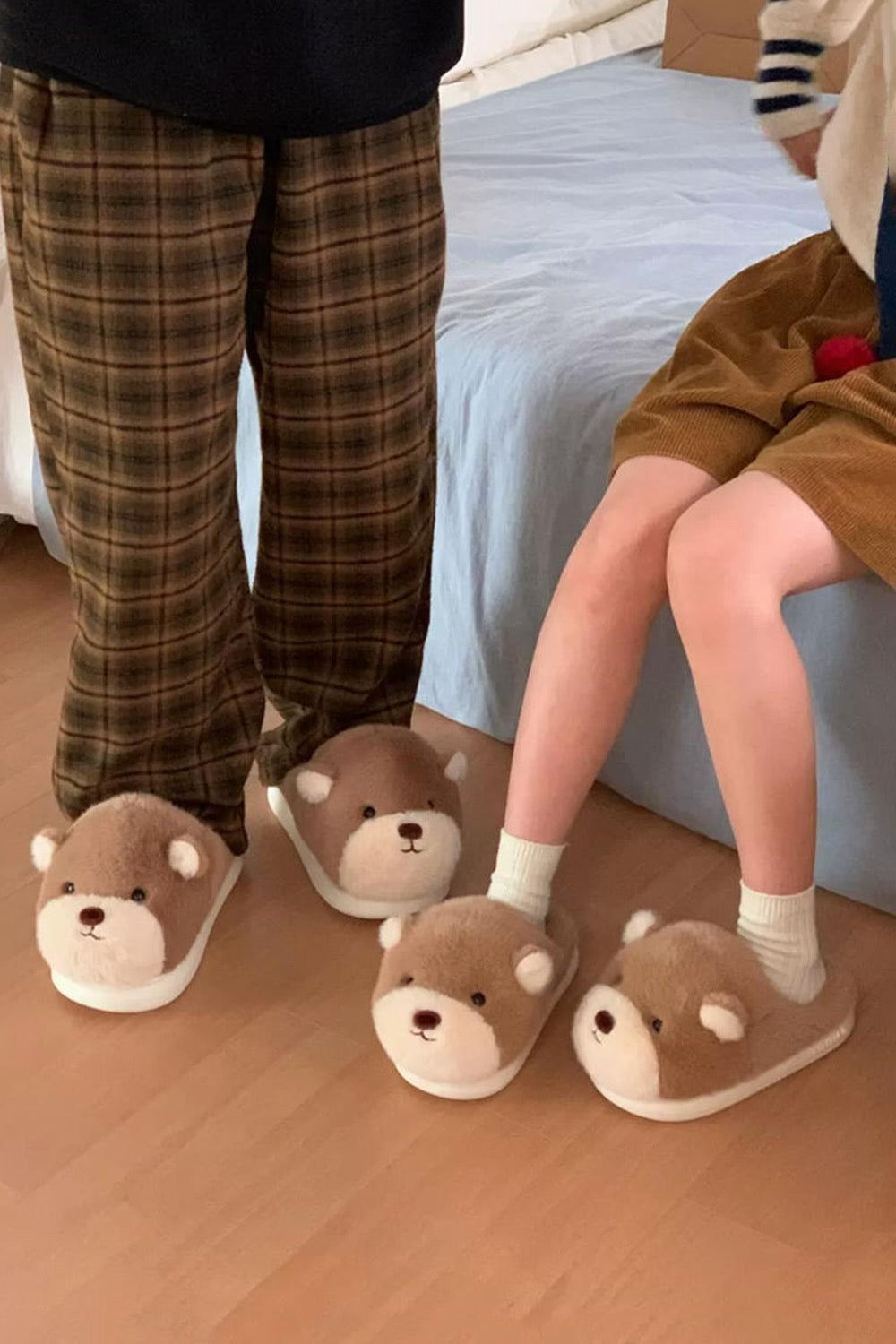 Winter cute light brown teddy bear slippers aesthetic warm plush house shoes
