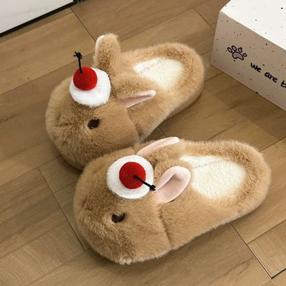 Brown winter cute cherry bunny slippers aesthetic warm plush house shoes
