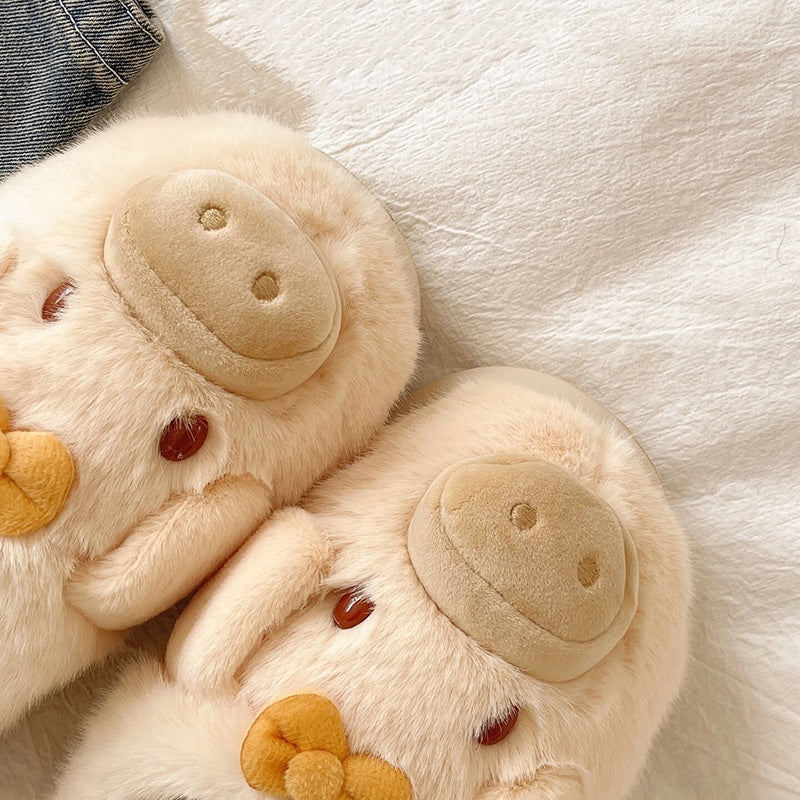 Khaki winter cute 3d pig bow slippers aesthetic warm plush house shoes