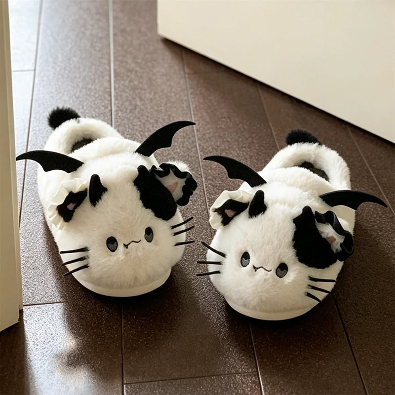 White winter cute bat cat slippers aesthetic warm plush house shoes