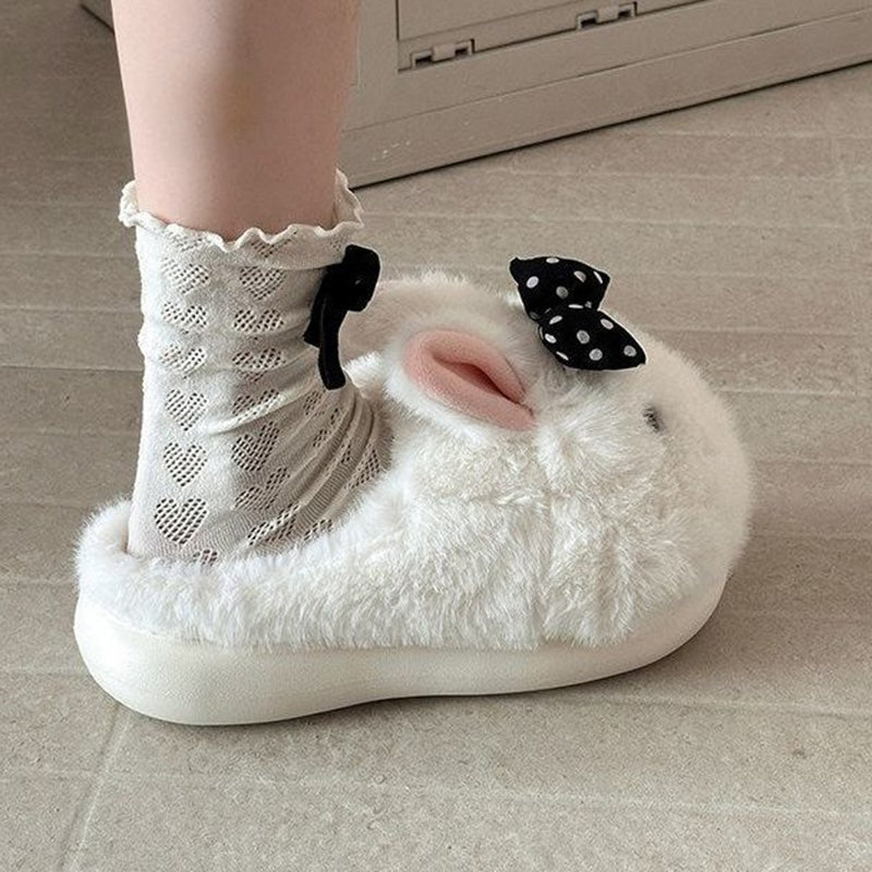 White winter cute polka dot bow bunny slippers aesthetic warm house shoes