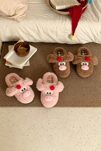 Winter Cute Pink Cherry Pig Slippers Aesthetic Warm Plush House Shoes