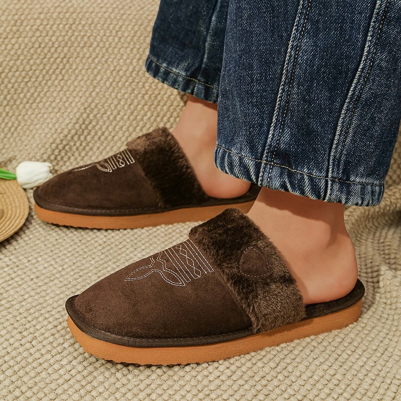 Brown western style faux suede slippers with wavy embroidery and fluffy white trim, lightweight indoor footwear with EVA sole