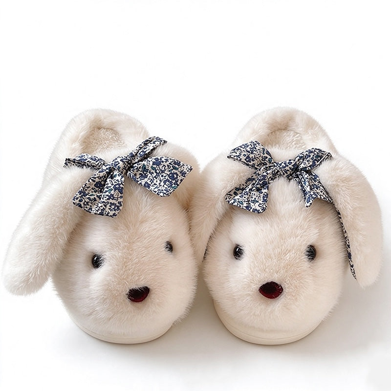 White winter cute shiny bow bunny slippers aesthetic warm plush house shoes