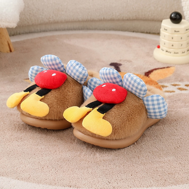 Khaki plush mouse slippers designed with blue gingham ears and a red round top accent, durable TPR sole indoor shoes