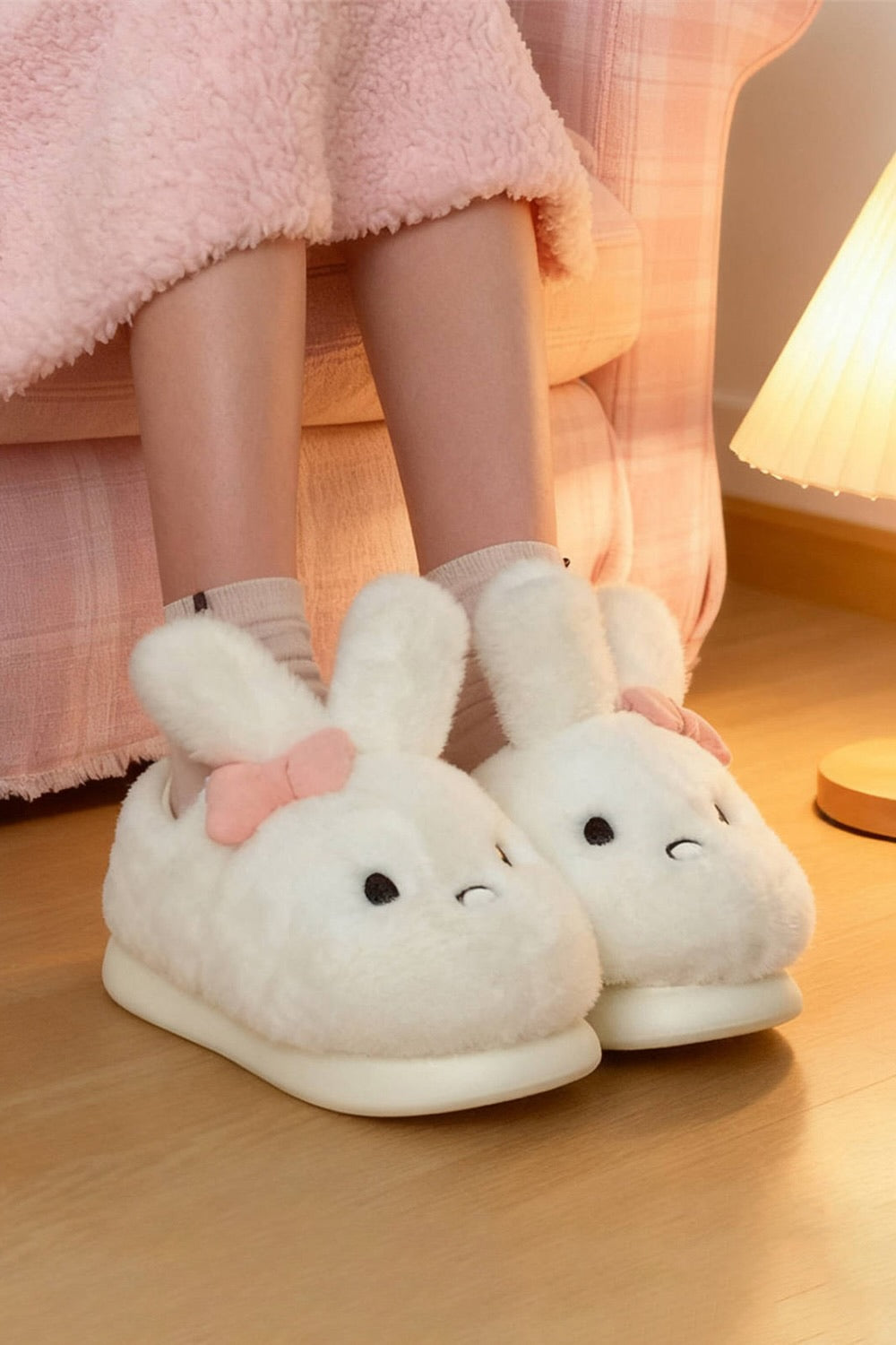 Winter Cute White Bunny Slippers Aesthetic Warm Plush House Shoes