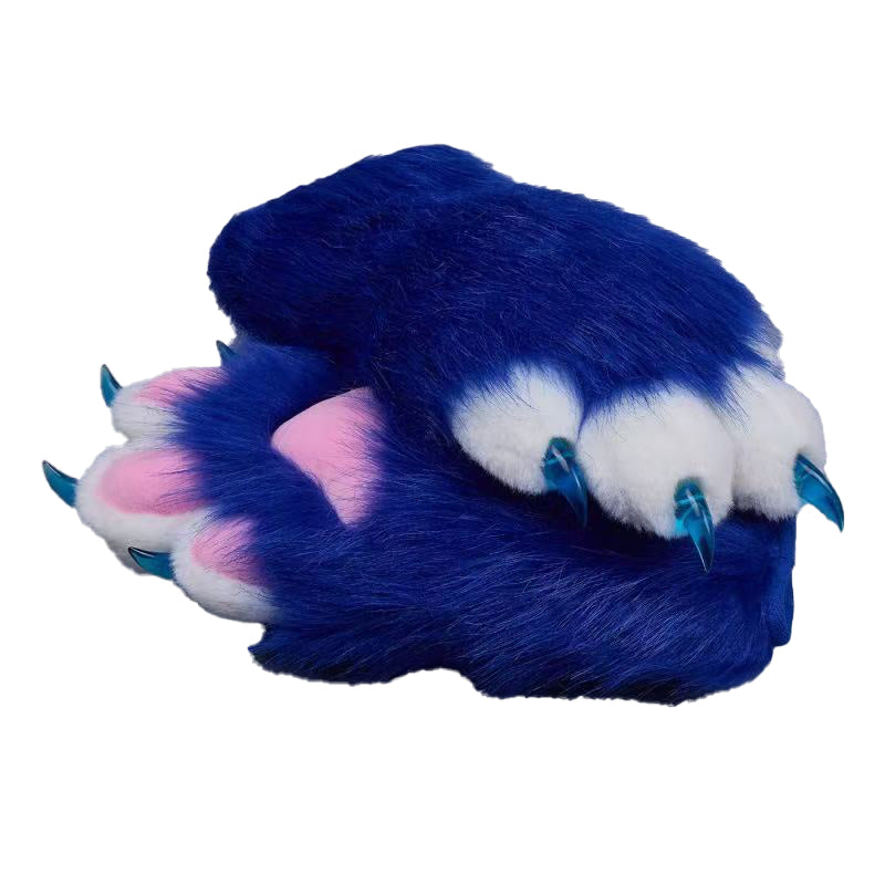 Plush cosplay paw gloves with white back fingers and pink palm pads, paired with semi-transparent black claws, soft lined furry mitts