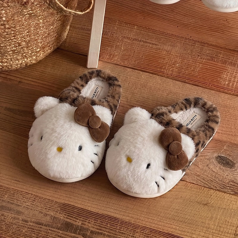 Brown winter print bow hello kt cute cat slippers aesthetic warm plush house shoes