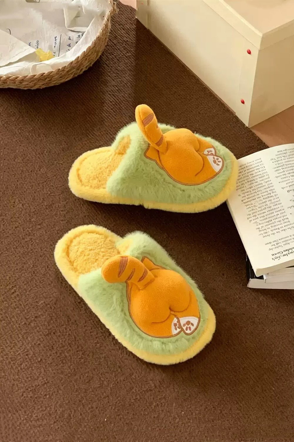 Yellow cute cat butt slippers aesthetic warm plush house shoes