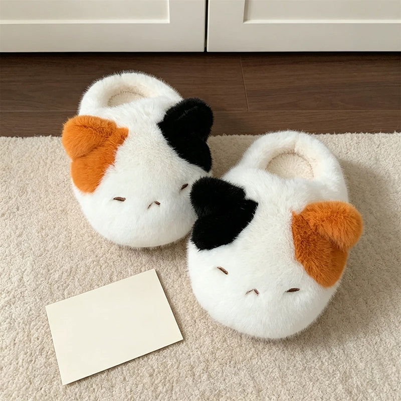 White winter cute calico cat slippers aesthetic warm plush house shoes