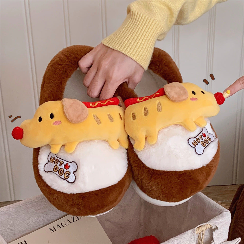 Brown winter closed back faux fur hot dog slippers eva sole indoor shoes