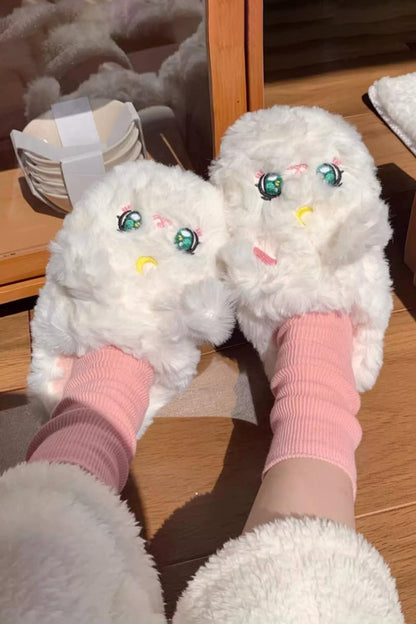 Winter Cute White Cat Slippers Aesthetic Warm Plush House Shoes