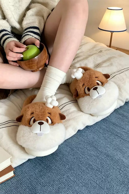 Brown Cute Groundhog House Shoes Aesthetic Warm Plush Slippers
