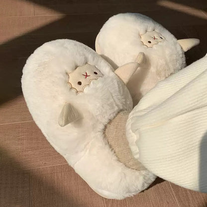 White winter cute closed back sheep slippers aesthetic warm plush house shoes