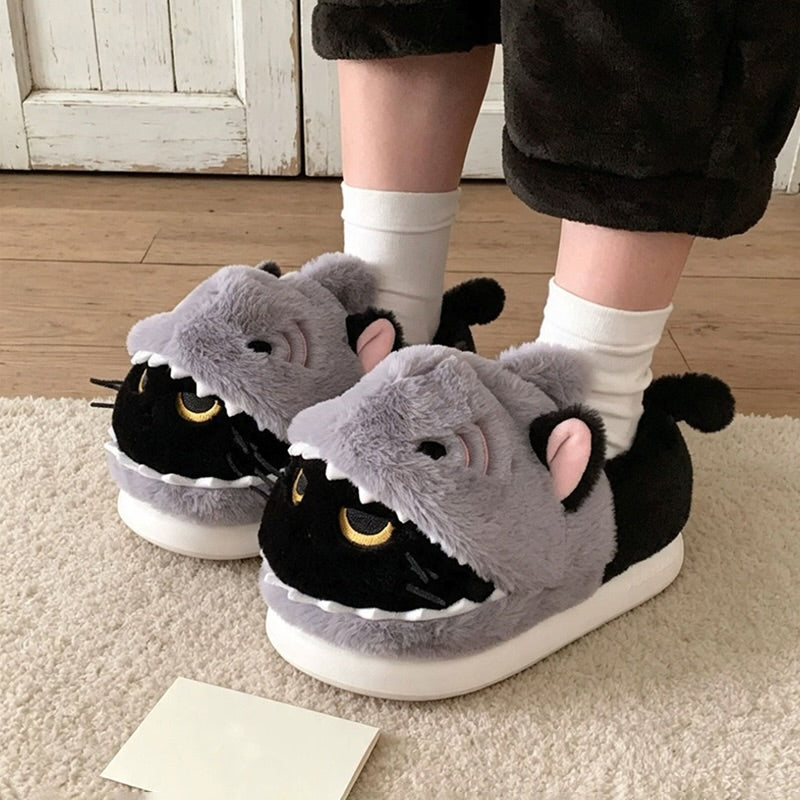 Black winter cute shark cat slippers aesthetic warm plush house shoes