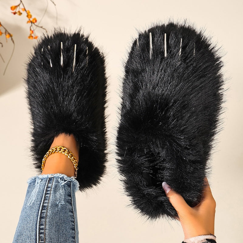 Black winter cute cartoon y2k faux fur metal claw slippers
