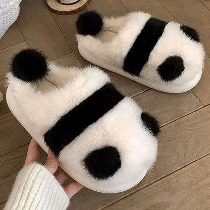 Black winter cute panda slippers aesthetic warm plush house shoes