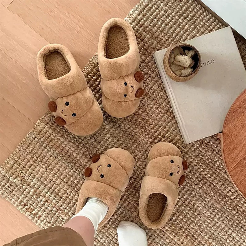 Brown winter cute croissant slippers aesthetic warm cozy house shoes