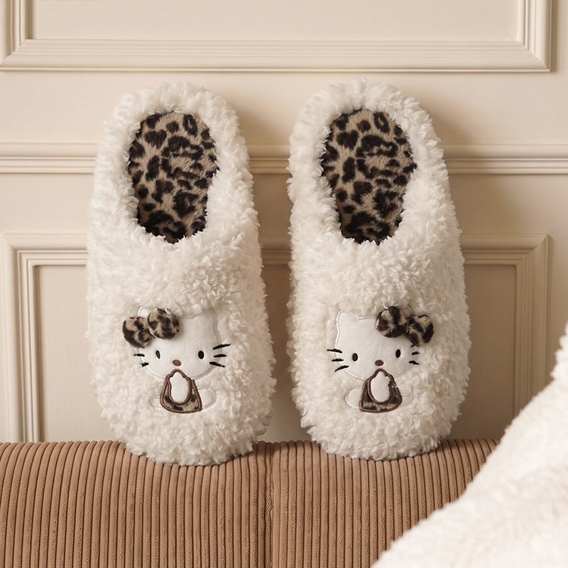 White winter leopard bow cute hello kt cat slippers aesthetic warm plush house shoes