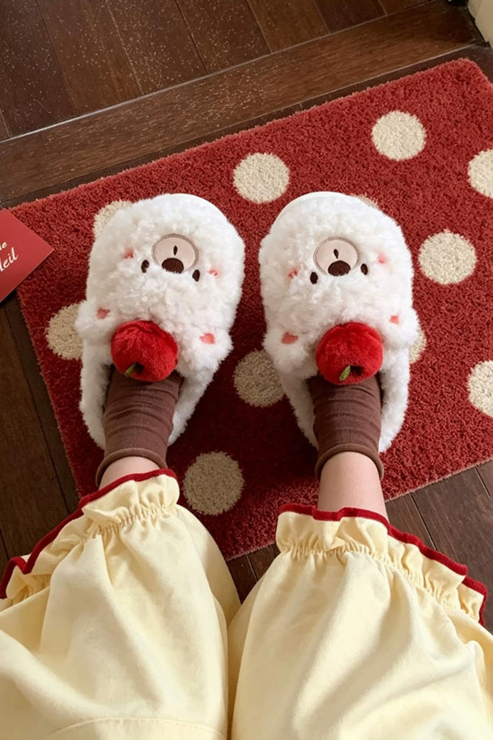 Winter cute white apple bear slippers aesthetic warm plush house shoes