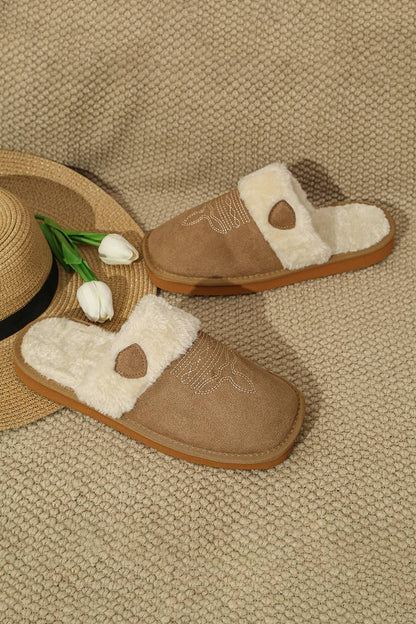 Khaki western cowgirl slippers aesthetic warm plush house shoes