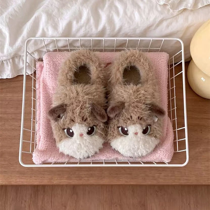 Khaki winter cute closed back cat slippers aesthetic warm plush house shoes
