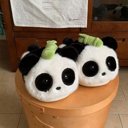 Black and white winter bamboo shoot cute panda slippers aesthetic warm plush house shoes