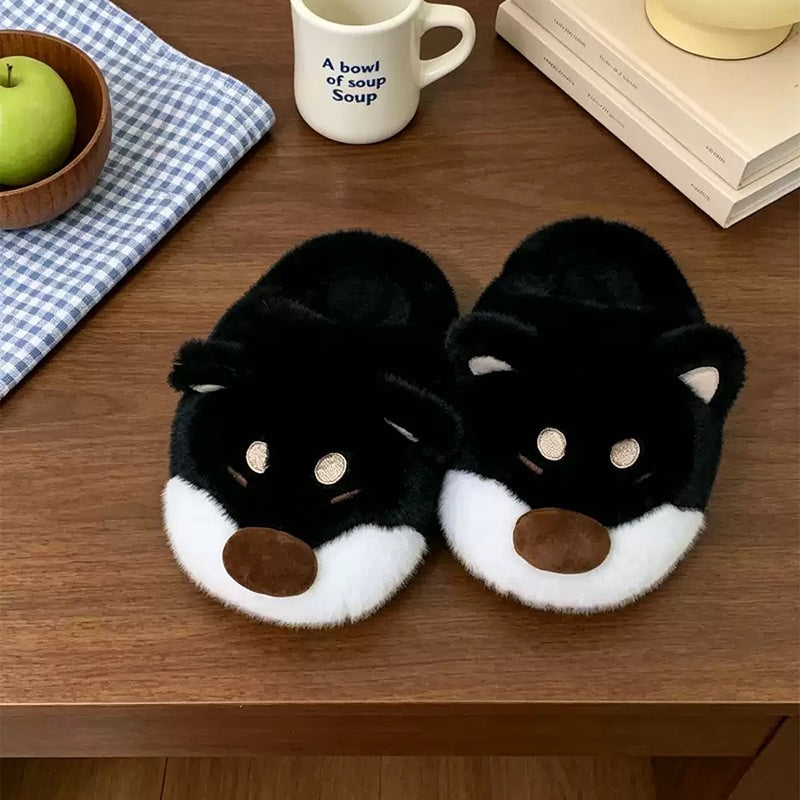 Black winter cute big nose shiba dog slippers aesthetic warm plush house shoes