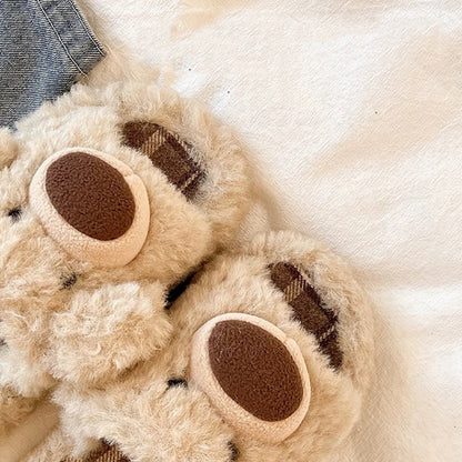 Khaki fuzzy plush slippers designed with a chunky bear nose and floppy ears, classic plaid lining for cozy indoor home wear