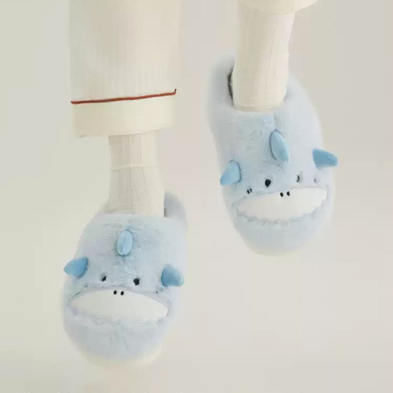Sky blue plush shark slippers with 3D fins and zigzag white teeth, lightweight indoor shoes with EVA sole