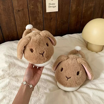 Brown winter cute floppy ear bunny slippers aesthetic warm plush house shoes