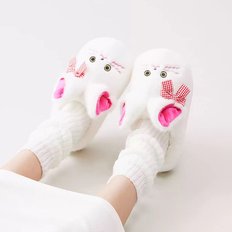 White winter plush bow cat slippers eva sole indoor house shoes