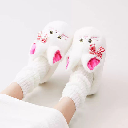 White winter plush bow cat slippers eva sole indoor house shoes