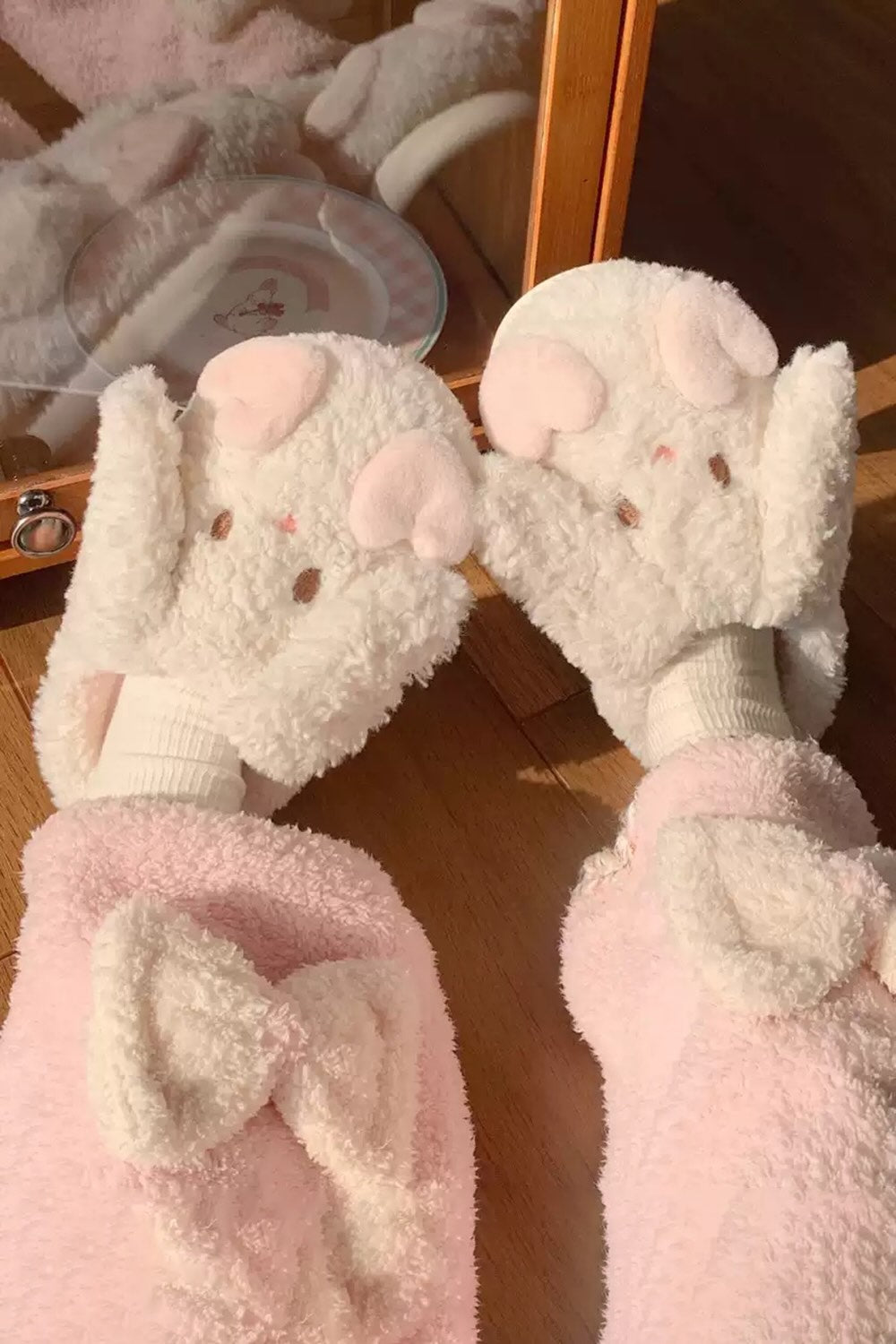 Winter cute white heart bunny slippers aesthetic warm plush house shoes