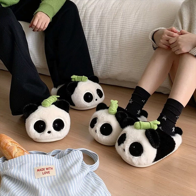 Black and white winter bamboo shoot cute panda slippers aesthetic warm plush house shoes