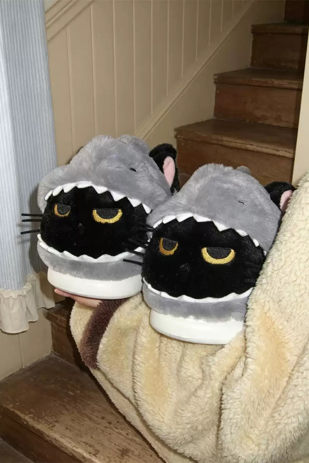 Winter cute black shark cat slippers aesthetic warm plush house shoes