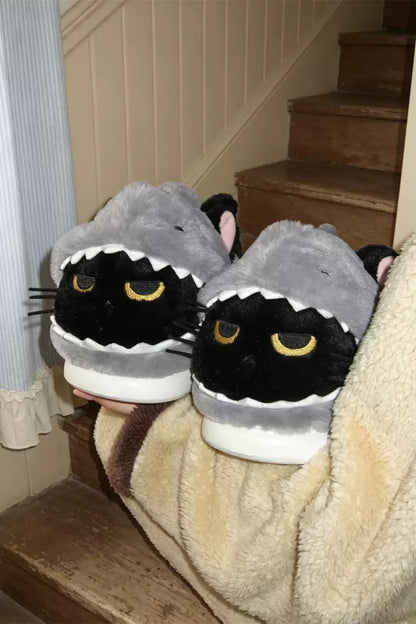 Winter cute black shark cat slippers aesthetic warm plush house shoes