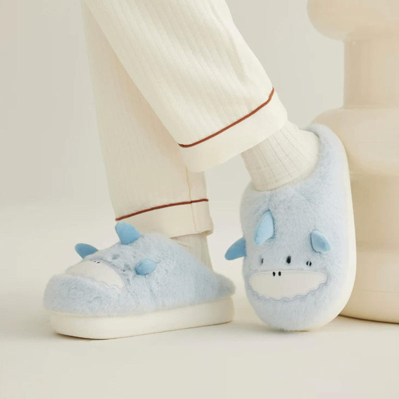 Sky blue plush shark slippers with 3D fins and zigzag white teeth, lightweight indoor shoes with EVA sole