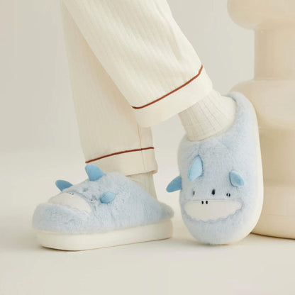 Sky blue plush shark slippers with 3D fins and zigzag white teeth, lightweight indoor shoes with EVA sole