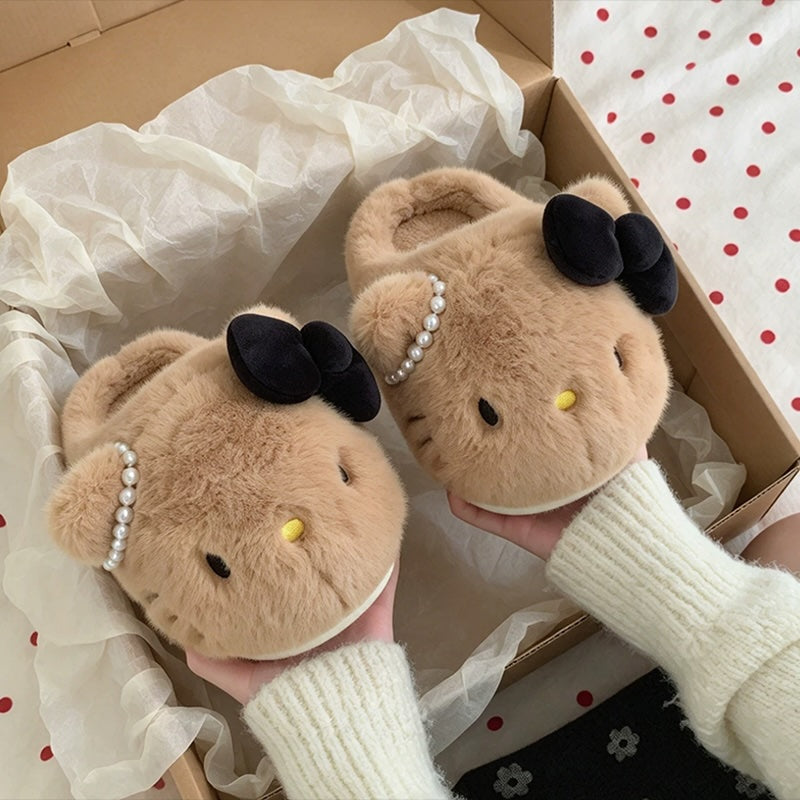 winter brown pearl bow cute hello kt cat slippers aesthetic warm plush house shoes