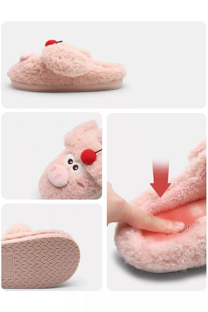 Winter Cute Pink Cherry Pig Slippers Aesthetic Warm Plush House Shoes