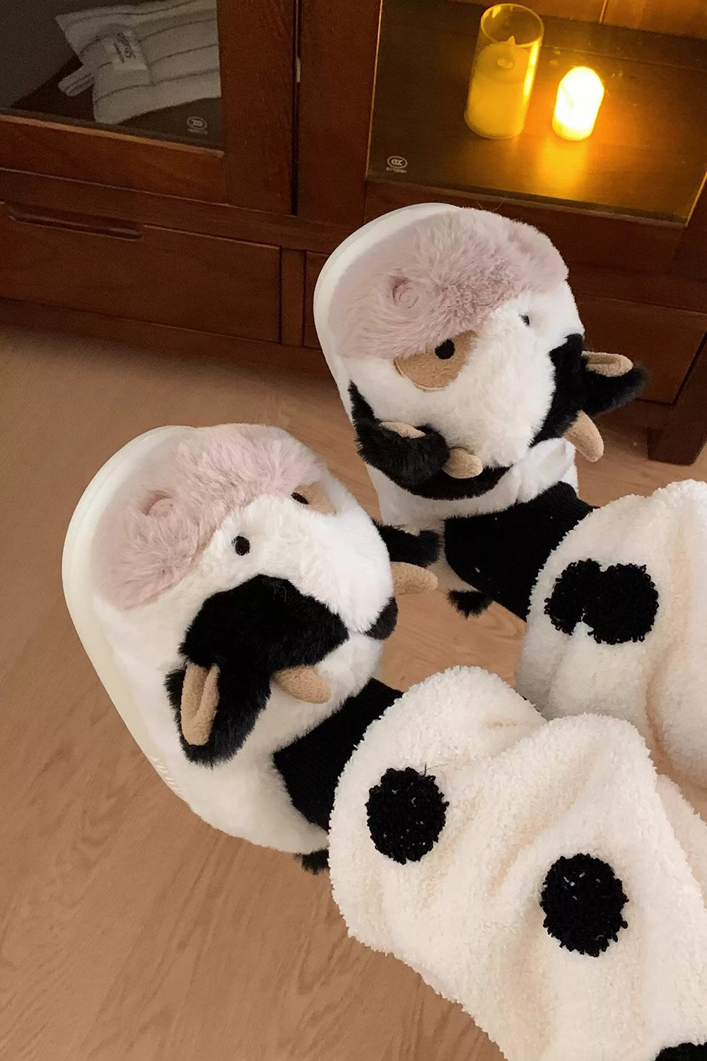 Winter Cute White Cow Slippers Aesthetic Warm Plush House Shoes