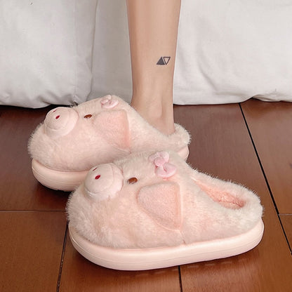 Pink winter cute 3d pig bow slippers aesthetic warm plush house shoes