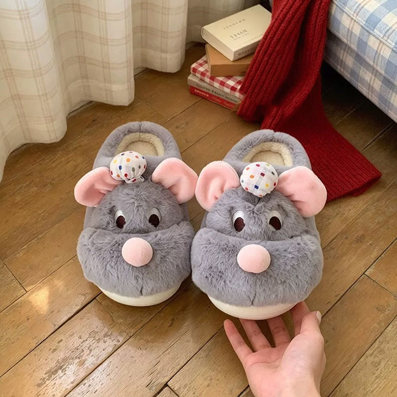 Gray winter cute chef hat mouse slippers aesthetic warm plush house shoes